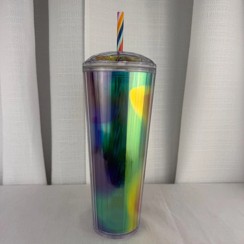 Starbucks 24oz Venti Iridescent Oil Slick Rainbow Tumbler Cup Dome Lid Straw